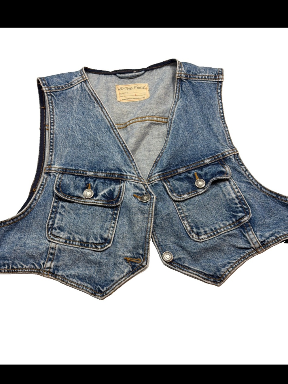 We The Free BLUE JEAN cropped short V-neck denim VEST Free People women’s LARGE